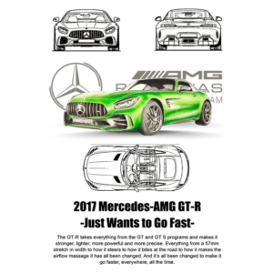 Imagem do carro 2017 Mercedes-AMG GT-R em verde vibrante, destacando seu design esportivo e aerodinâmico. Elementos do logo da Mercedes e sketches técnicos são visíveis ao fundo, simbolizando sua potência e inovação. Altamente focado em velocidade e desempenho superior.