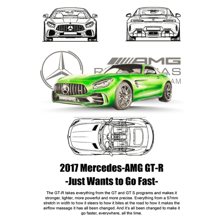 Imagem do carro 2017 Mercedes-AMG GT-R em verde vibrante, destacando seu design esportivo e aerodinâmico. Elementos do logo da Mercedes e sketches técnicos são visíveis ao fundo, simbolizando sua potência e inovação. Altamente focado em velocidade e desempenho superior.