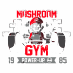 Imagem do personagem Mario em estilo de arte gráfica, segurando um haltere, com o texto "Mushroom Gym" destacado em vermelho e "Power-Up" em letras menores. O design remete aos jogos clássicos da Nintendo, com estrelas e um fundo de blocos, indicando uma temática de fitness e games. Data "1985" também está presente, simbolizando a origem dos jogos Mario.