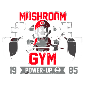 Imagem do personagem Mario em estilo de arte gráfica, segurando um haltere, com o texto "Mushroom Gym" destacado em vermelho e "Power-Up" em letras menores. O design remete aos jogos clássicos da Nintendo, com estrelas e um fundo de blocos, indicando uma temática de fitness e games. Data "1985" também está presente, simbolizando a origem dos jogos Mario.