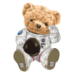 Urso de pelúcia vestido de astronauta com traje da NASA, segurando um capacete, em fundo verde.