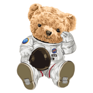 Urso de pelúcia vestido de astronauta com traje da NASA, segurando um capacete, em fundo verde.