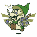 Personagem de jogo de vídeo animado, vestido com um chapéu verde e segurando uma espada e um escudo com o emblema da Triforce, cercado por joias e corações, representando aventura e fantasia.
