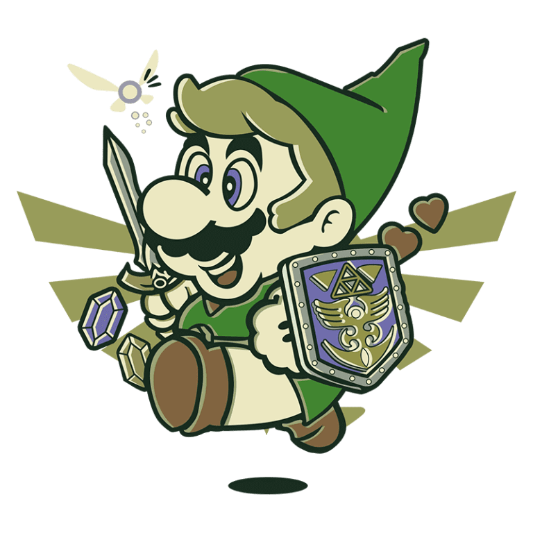 Personagem de jogo de vídeo animado, vestido com um chapéu verde e segurando uma espada e um escudo com o emblema da Triforce, cercado por joias e corações, representando aventura e fantasia.
