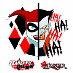 Ilustração de Harley Quinn e Coringa com fundo colorido, incluindo diamantes vermelhos e pretos, representando a conexão entre os personagens no universo dos quadrinhos.