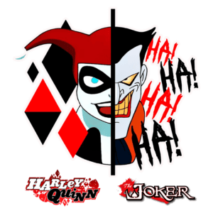 Ilustração de Harley Quinn e Coringa com fundo colorido, incluindo diamantes vermelhos e pretos, representando a conexão entre os personagens no universo dos quadrinhos.