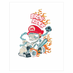 Ilustração de personagem inspirado em jogos de corrida, pilotando um kart com chamas ao redor, usando um boné vermelho com a letra "M" e acompanhado de um personagem semelhante a um dinossauro. Texto em destaque "Bros Rider".