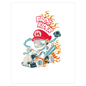 Ilustração de personagem inspirado em jogos de corrida, pilotando um kart com chamas ao redor, usando um boné vermelho com a letra "M" e acompanhado de um personagem semelhante a um dinossauro. Texto em destaque "Bros Rider".