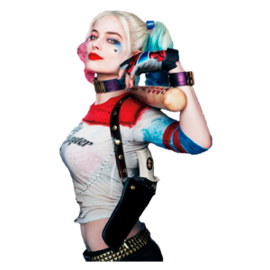Cosplay de Harley Quinn com cabelo colorido e maquiagem marcante, segurando um bastão de beisebol e vestindo uma camiseta estilizada.