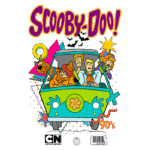 Imagem colorida da série clássica "Scooby-Doo!", apresentando os personagens principais dentro da famosa van, com elementos gráficos dos anos 90 ao fundo.