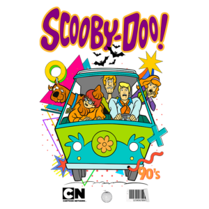 Imagem colorida da série clássica "Scooby-Doo!", apresentando os personagens principais dentro da famosa van, com elementos gráficos dos anos 90 ao fundo.