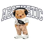 Ursinho estilizado usando fones de ouvido e roupas casuais, com a palavra "AESTHETIC" ao fundo, representando um estilo jovem e moderno.