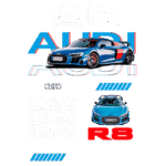 Imagem do Audi R8, um carro esportivo de luxo, destacando seu design moderno e tecnologia avançada. O veículo é apresentado em azul, com detalhes em vermelho, e inclui informações sobre suas características, como sistema de navegação e motor V10 potente, oferecendo até 610 cavalos de potência.