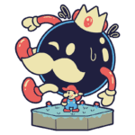 Ilustração de um personagem semelhante ao Mario em um cenário de plataforma, ao lado de um grande inimigo com um bigode e uma coroa, ambos em estilo cartoon, com flores e um fundo colorido.