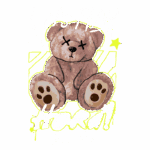 Urso de pelúcia estilizado com expressão divertida, acompanhado da frase "Let's PLAY HARD!" e elementos gráficos vibrantes em fundo verde. Ideal para design de roupas ou acessórios modernos.