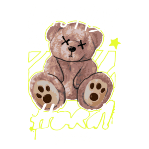 Urso de pelúcia estilizado com expressão divertida, acompanhado da frase "Let's PLAY HARD!" e elementos gráficos vibrantes em fundo verde. Ideal para design de roupas ou acessórios modernos.