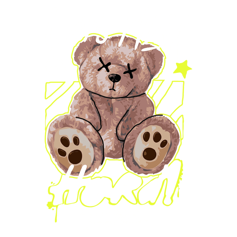 Urso de pelúcia estilizado com expressão divertida, acompanhado da frase "Let's PLAY HARD!" e elementos gráficos vibrantes em fundo verde. Ideal para design de roupas ou acessórios modernos.