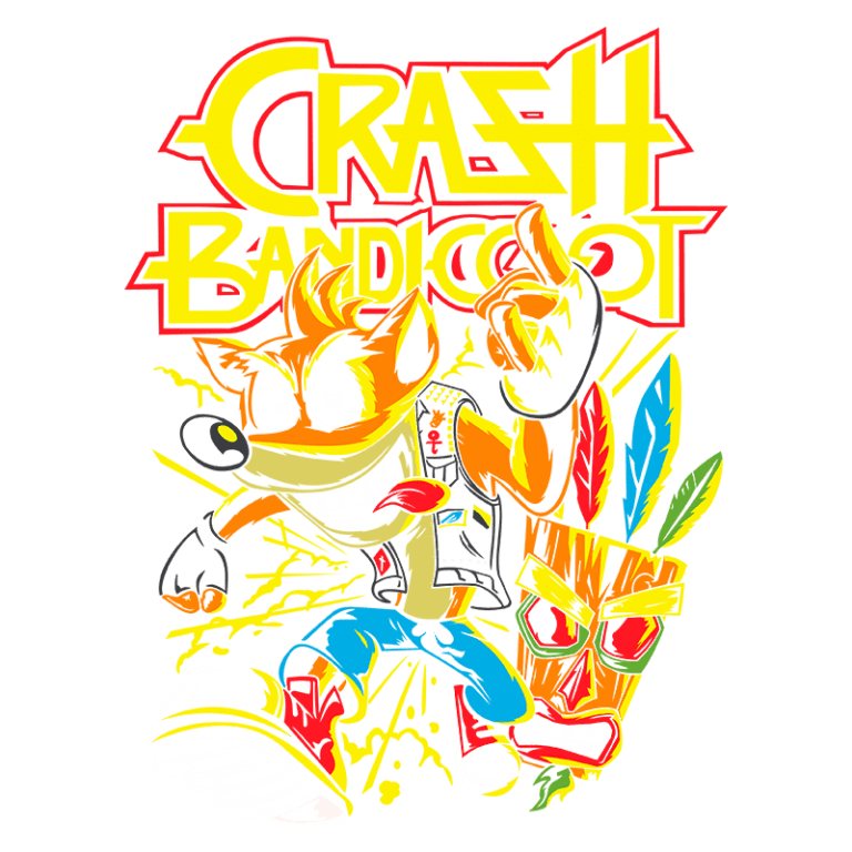 Imagem do personagem Crash Bandicoot, com expressão animada e vestindo um colete, acompanhado de uma máscara tribal e elementos coloridos. O título "CRASH BANDICOOT" está destacado em letras grandes e vibrantes.