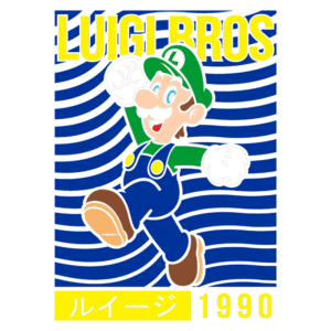 Ilustração do personagem Luigi, conhecido da franquia Mario, vestindo seu macacão verde e azul, sorrindo e pulando. O fundo apresenta listras azuis com o texto "LUIGI BROS" em letras grandes e amarelas, e "ルイージ 1990" em amarelo na parte inferior, destacando a data e a cultura pop japonesa.