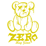 Ursinho estilizado com expressão triste e respingos de tinta amarela, acompanhado pela frase "ZERO Hug Given", representando a arte urbana e a cultura pop.