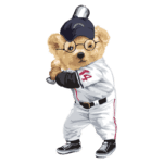 Urso fofo vestido para jogo de beisebol, segurando um bastão e usando óculos e boné. Ideal para temas de esporte infantil e decoração.