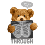 Urso de pelúcia segurando uma radiografia do tórax, com a frase "você me vê" acima. A imagem combina elementos de fofura e humor, ideal para ilustrações infantis ou produtos relacionados à saúde.
