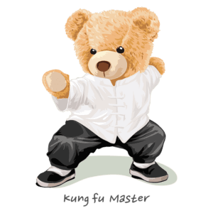 Urso de pelúcia vestido como mestre de Kung Fu, realizando uma pose de combate, com roupas tradicionais brancas e calças escuras, sobre fundo verde. Ideal para temas de arte, treinamento e cultura oriental.