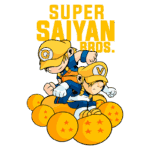 Ilustração dos "Super Saiyan Bros.", apresentando dois personagens com bonés e roupas coloridas, cercados por esferas douradas com estrelas vermelhas, destacando a fusão de elementos de jogos e anime.