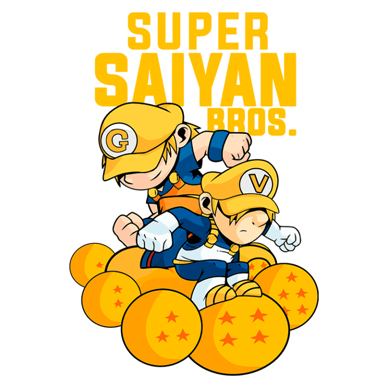 Ilustração dos "Super Saiyan Bros.", apresentando dois personagens com bonés e roupas coloridas, cercados por esferas douradas com estrelas vermelhas, destacando a fusão de elementos de jogos e anime.
