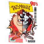 Ilustração do personagem Taz, do desenho animado "Taz-Mania", mostrando sua metade viva e metade esquelética. Estilo gráfico vibrante dos anos 90, destacando o logotipo da Cartoon Network.