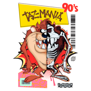 Ilustração do personagem Taz, do desenho animado "Taz-Mania", mostrando sua metade viva e metade esquelética. Estilo gráfico vibrante dos anos 90, destacando o logotipo da Cartoon Network.