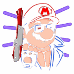Ilustração de um personagem inspirado no Mario, usando óculos escuros e segurando uma arma, com um fundo colorido.