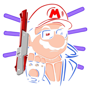 Ilustração de um personagem inspirado no Mario, usando óculos escuros e segurando uma arma, com um fundo colorido.