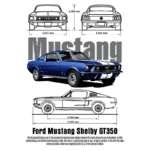 Imagem do Ford Mustang Shelby GT350, um ícone automobilístico, mostrando seu design em azul com listras brancas. Inclui dimensões técnicas: largura de 1.511 mm, altura de 1.280 mm e comprimento de 4.739 mm. O texto ao fundo destaca a importância do modelo na história dos carros esportivos, criado por Carroll Shelby em 1967.