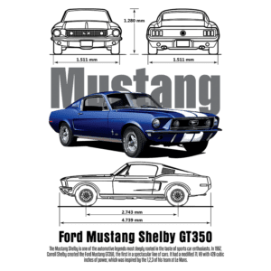 Imagem do Ford Mustang Shelby GT350, um ícone automobilístico, mostrando seu design em azul com listras brancas. Inclui dimensões técnicas: largura de 1.511 mm, altura de 1.280 mm e comprimento de 4.739 mm. O texto ao fundo destaca a importância do modelo na história dos carros esportivos, criado por Carroll Shelby em 1967.