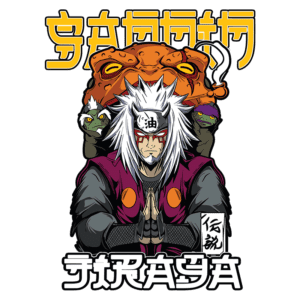 Personagem de anime com cabelo branco e roupas roxas, acompanhado por criaturas misteriosas, em pose de meditação. Design inspirado em temas de ninjas e mitologia japonesa.