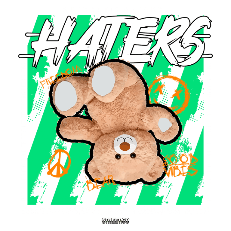 Imagem de camiseta com estampa de urso de pelúcia e a palavra "HATERS". Design colorido com mensagens sobre liberdade, autoconfiança e positividade, destacando frases como "Acredite em si mesmo e não se importe com os haters". Ideal para moda streetwear.