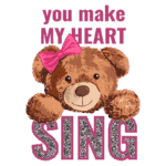 Urso de pelúcia fofo com laço rosa e texto inspirado em amor, "you make MY HEART SING", em estilo brilhante, ideal para presentes ou decorações.