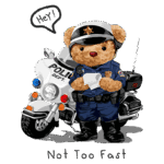 Ursinho policial em uma moto da polícia, segurando um bloco de anotações, com a frase "Not Too Fast" abaixo. O personagem é fofo e transmite uma mensagem de segurança no trânsito.