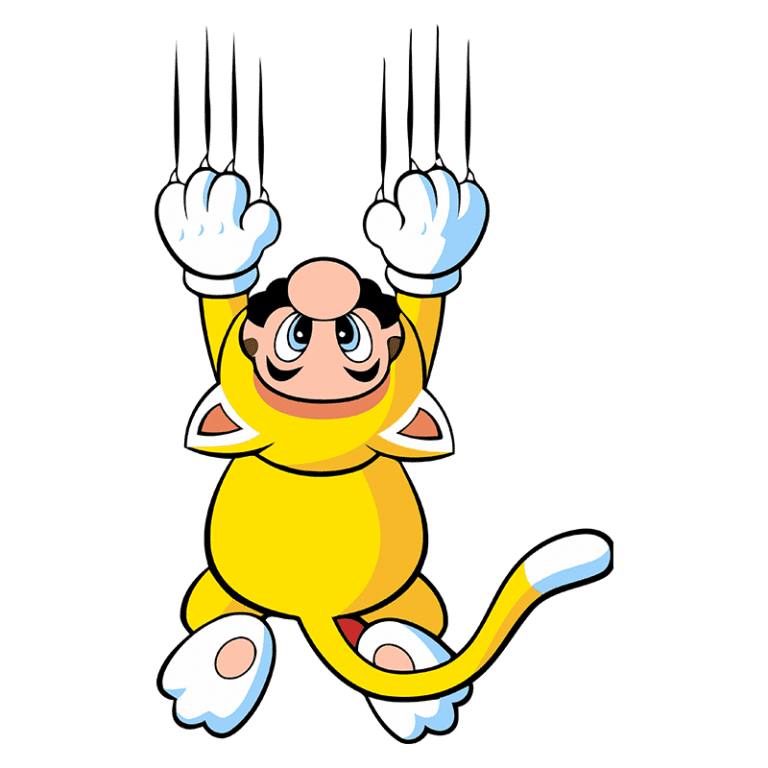 Personagem icônico de videogame, vestido com um traje amarelo de gato, pendurado e exibindo unhas afiadas, representando uma transformação divertida e poderosa.