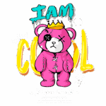 Urso estilizado em rosa com expressão determinada, usando uma coroa e detalhes de costura. Texto destacado "I AM PERFECT COOL" e citações inspiradoras sobre ser legal. Fundo colorido e elementos gráficos. Ideal para moda alternativa ou itens de decoração únicos.