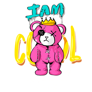 Urso estilizado em rosa com expressão determinada, usando uma coroa e detalhes de costura. Texto destacado "I AM PERFECT COOL" e citações inspiradoras sobre ser legal. Fundo colorido e elementos gráficos. Ideal para moda alternativa ou itens de decoração únicos.