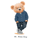 Ursinho estilizado com óculos e camisa jeans, vestindo calças escuras e tênis brancos, representando a figura amigável "Mr. Nice Guy".