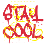 Ilustração de um urso estilizado em arte de rua, com a frase "STAY COOL" em vermelho e amarelo, e a mensagem "STAY COOL, AND WAIT FOR OPPORTUNITY" abaixo. Ideal para promover moda streetwear criativa e ousada.