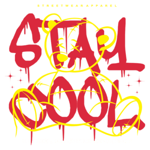 Ilustração de um urso estilizado em arte de rua, com a frase "STAY COOL" em vermelho e amarelo, e a mensagem "STAY COOL, AND WAIT FOR OPPORTUNITY" abaixo. Ideal para promover moda streetwear criativa e ousada.