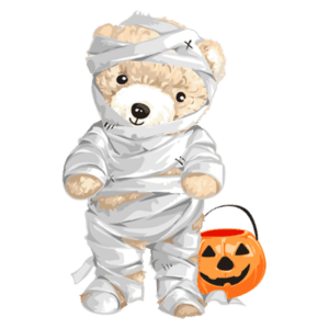 Urso de pelúcia vestido de múmia com bandagens brancas e um balde laranja de Halloween ao lado. Ideal para temas de festa de Halloween e decoração infantil.