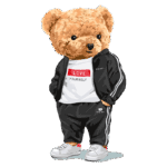Ursinho de pelúcia estilizado usando um conjunto esportivo preto com mala de marca, camiseta com a frase "LOVE YOURSELF" e tênis brancos, transmitindo uma vibe moderna e divertida.