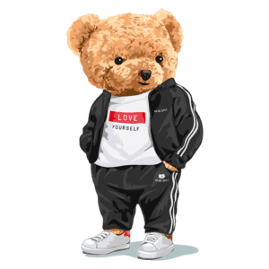 Ursinho de pelúcia estilizado usando um conjunto esportivo preto com mala de marca, camiseta com a frase "LOVE YOURSELF" e tênis brancos, transmitindo uma vibe moderna e divertida.