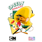 Personagem animado Speedy Gonzales com chapéu e lenço, representando a cultura mexicana. A imagem inclui elementos gráficos como pimentas e a bandeira do México, além de logotipos do Cartoon Network e de uma marca de design.
