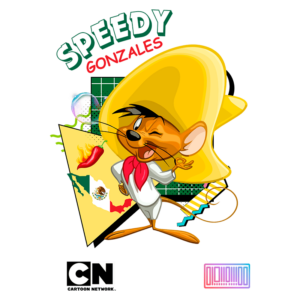 Personagem animado Speedy Gonzales com chapéu e lenço, representando a cultura mexicana. A imagem inclui elementos gráficos como pimentas e a bandeira do México, além de logotipos do Cartoon Network e de uma marca de design.